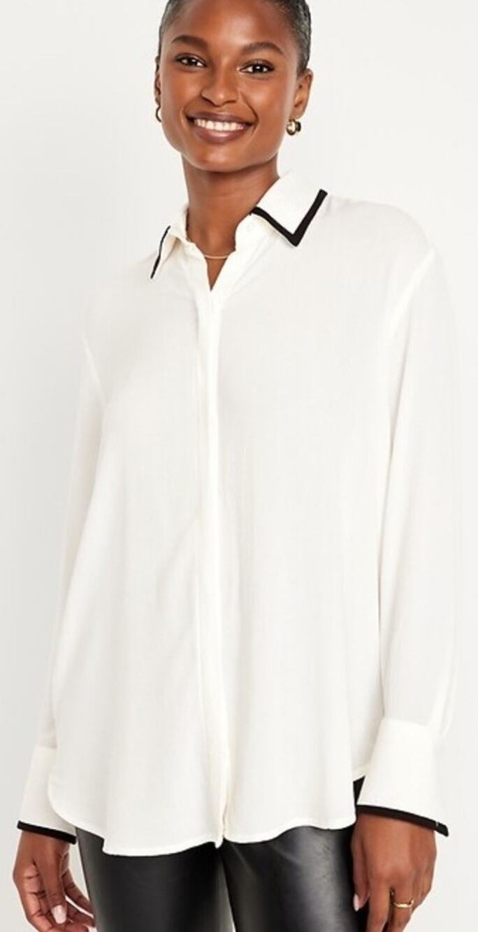 NWT Old Navy Blouse Plus 4X Crepe Black Trim Button Up Long Sleeve